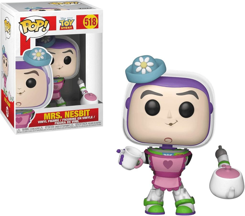 Funko Pop Figur von Mrs. Nesbit aus Toy Story, mit Schürze, Hut und Teekanne, neben ihrer Originalverpackung.