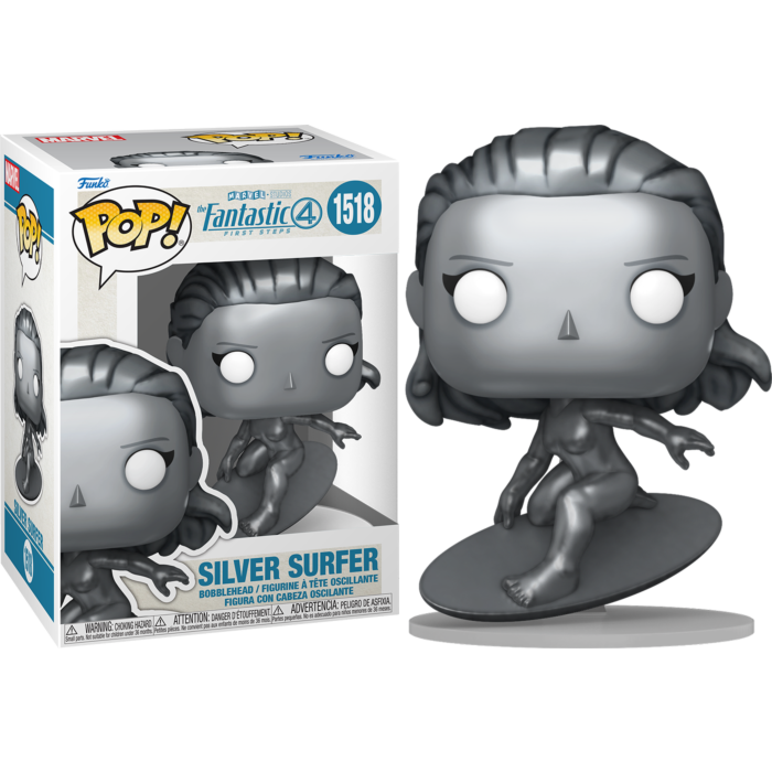 Silver Surfer Funko Pop-Figur in Silber auf einem Surfbrett, daneben die dazugehörige Verpackung.