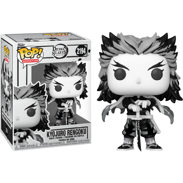 Figura de vinilo Funko Pop de Kyojuro Rengoku en blanco y negro, de pie junto a su caja sobre fondo negro.