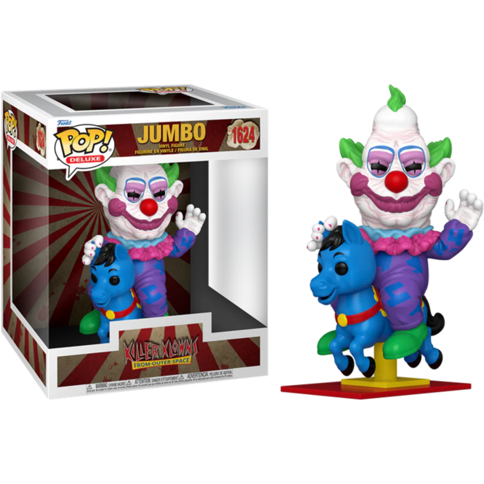 Figura de vinilo Funko Pop Deluxe de Jumbo de Killer Klowns montando un caballo azul, mostrada con su caja.