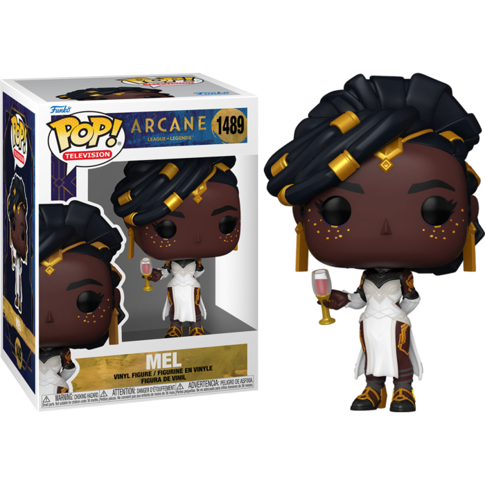 Figura de vinilo Funko Pop Mel de Arcane sosteniendo una copa de vino, con su caja.
