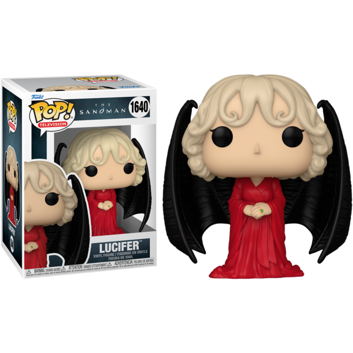 Figura Funko Pop de Lucifer con vestido rojo y alas negras, al lado de su caja.