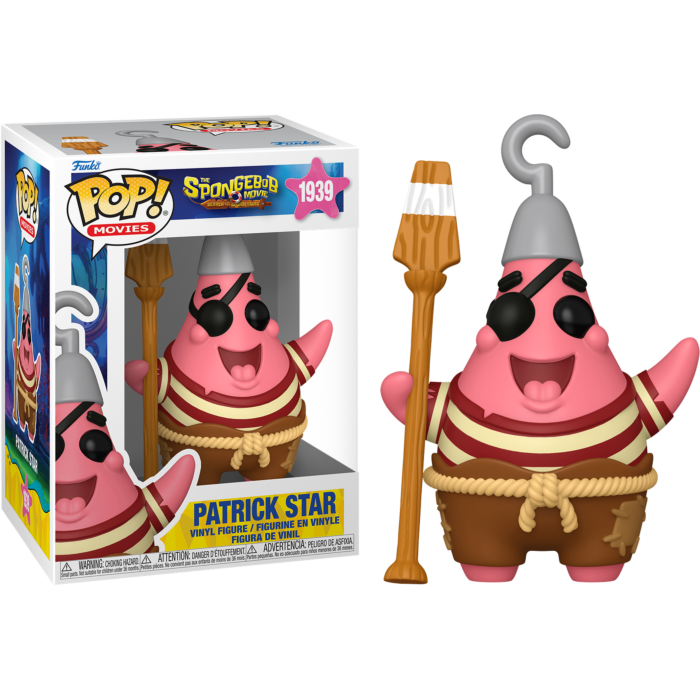 Figura Funko Pop de Patricio Estrella como pirata con gancho y lanza, junto a su caja.