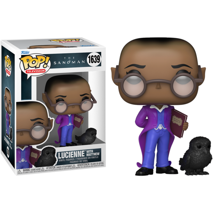 Figura Funko Pop de Lucienne de The Sandman con gafas, un libro y un cuervo negro, junto a su caja de embalaje.
