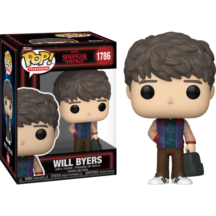 Figura Funko Pop de Will Byers con cabello castaño, chaqueta y mochila junto a su caja.