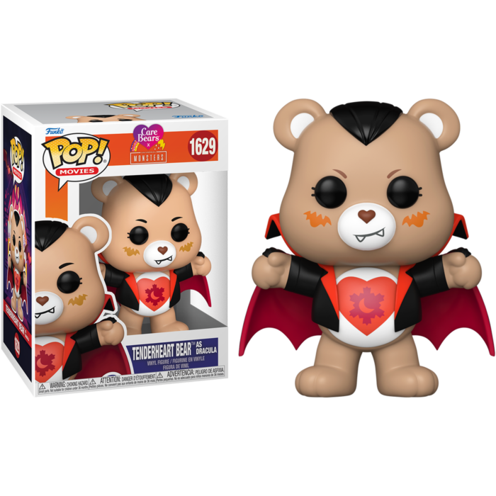 Figura Funko Pop de Tenderheart Bear como Drácula con su caja sobre fondo negro.