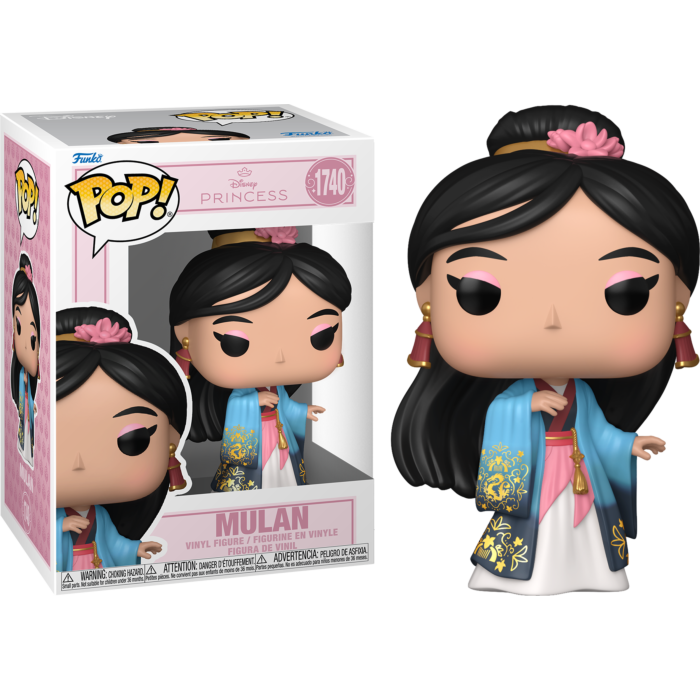 Una figura de vinilo Funko Pop de Mulan junto a su caja ilustrada sobre fondo negro.