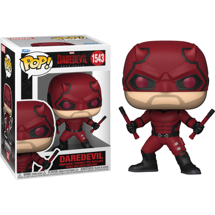 Figura Funko Pop de Daredevil en traje rojo con cuernos y bastones, junto a su caja.
