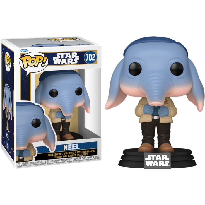 Una figura de vinilo Funko Pop de Neel de Star Wars con su caja sobre fondo negro.