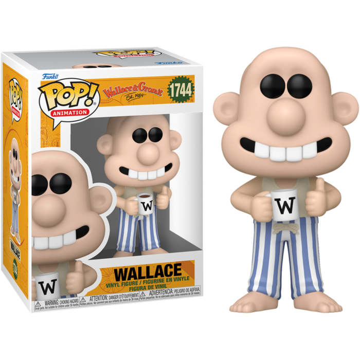 Figura Funko Pop de Wallace en pijama azul y blanco con taza W, junto a su caja sobre fondo negro.
