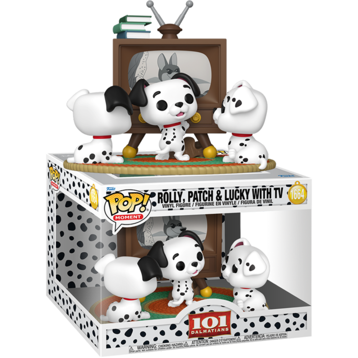 Tres figuras de cachorros dálmatas Funko Pop en y sobre una caja de escena de TV.