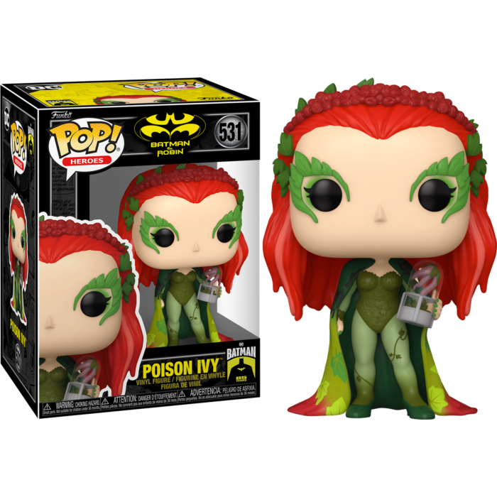 Figura de vinilo Poison Ivy Funko Pop! con pelo rojo y hojas junto a su caja.