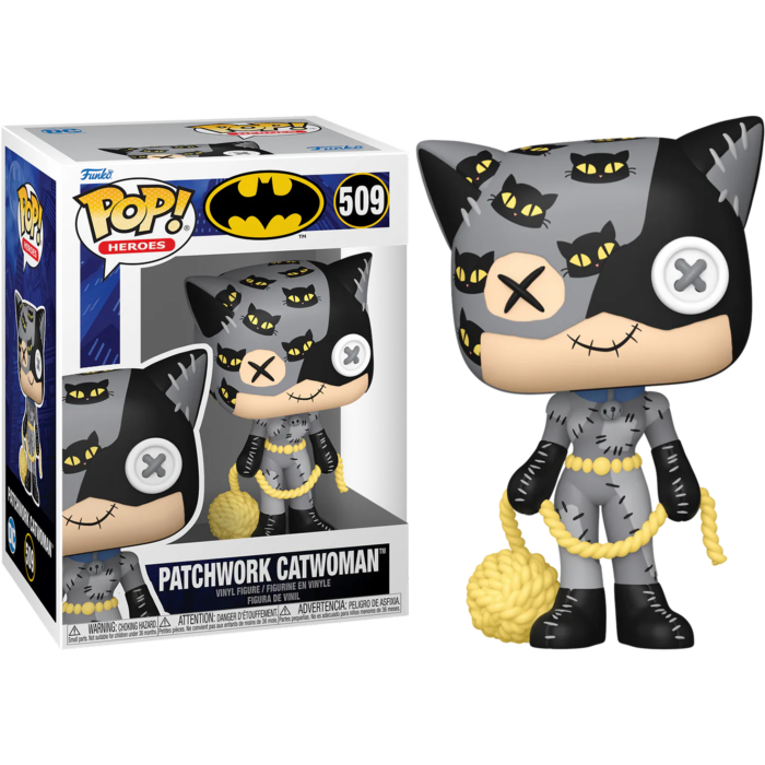 Figura de vinilo Funko Pop de Patchwork Catwoman junto a su caja sobre fondo negro.