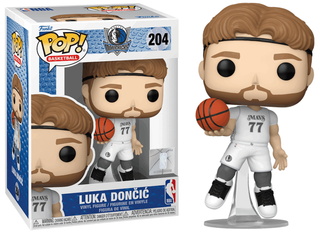 Figura de vinilo Funko Pop de Luka Dončić con uniforme de los Dallas Mavericks, sosteniendo un balón, junto a su caja.