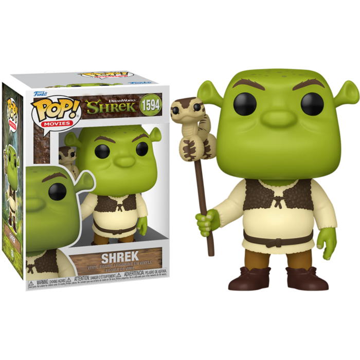Shrek Funko Pop Vinylfigur mit Schlangenstab neben seiner Verpackung.
