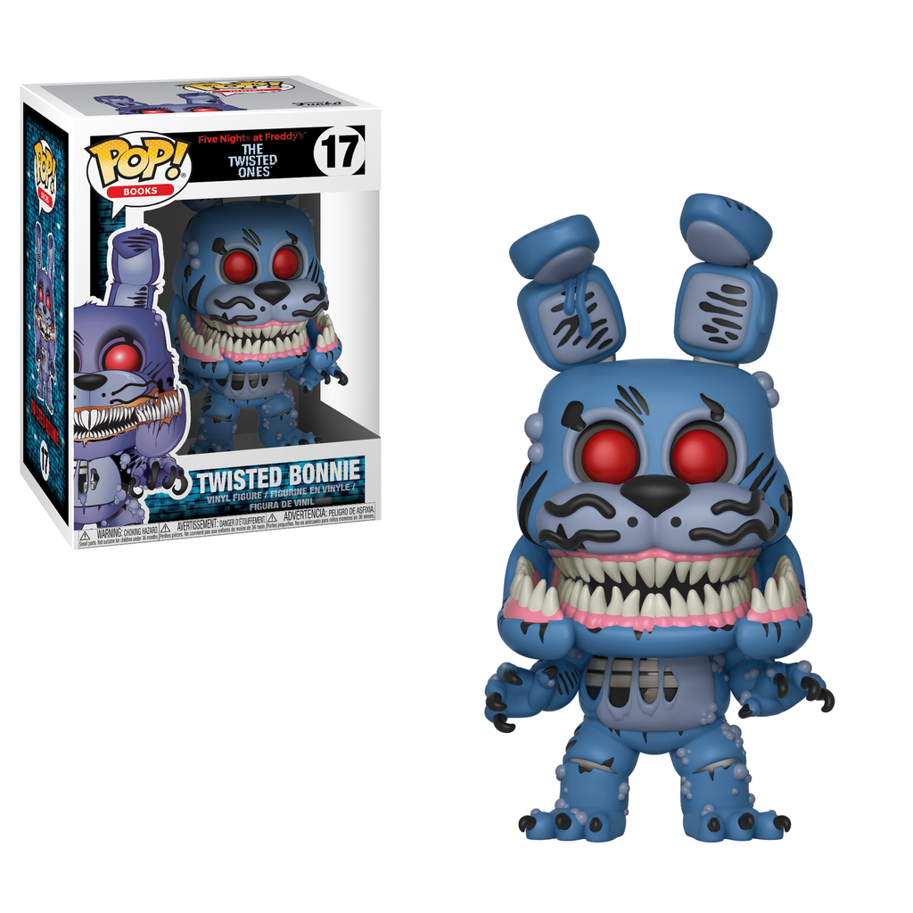 Funko Pop Figur von Twisted Bonnie aus FNaF, eine blaue Figur mit großen roten Augen und scharfen Zähnen, in Verpackung.