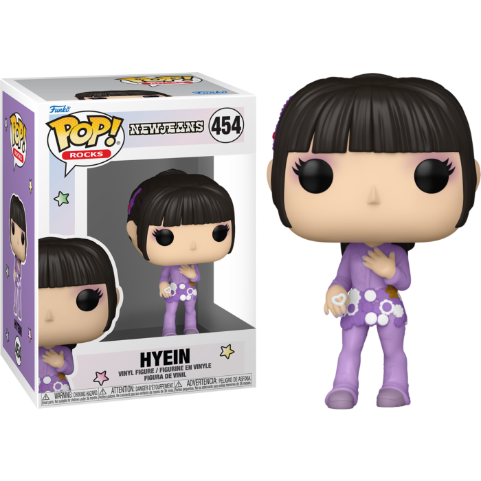 Figura de vinilo Funko Pop Rocks de Hyein con un traje morado, mostrada junto a su caja sobre fondo negro.