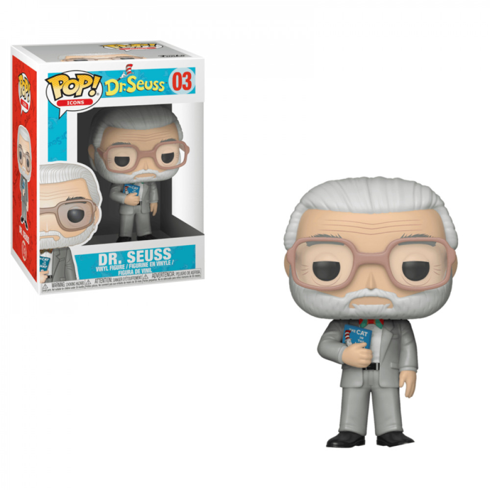 Eine Dr. Seuss Funko Pop-Vinylfigur in grauem Anzug hält ein Buch, daneben die originale Verpackung.