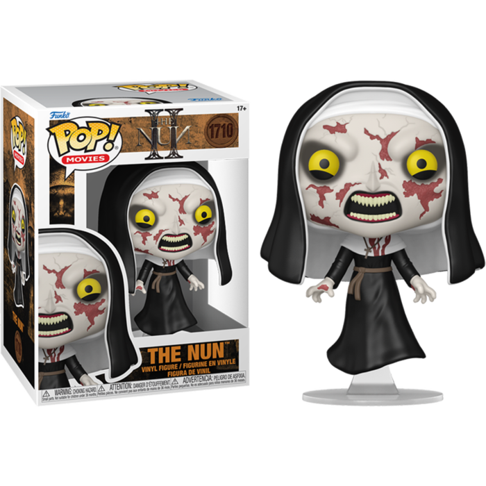 Eine Funko Pop-Figur von The Nun II mit Box, mit blutverschmiertem Gesicht und gelben Augen.