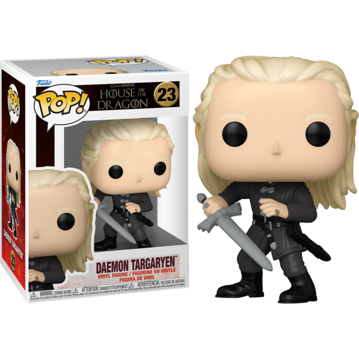 Figurka winylowa Funko Pop przedstawiająca Daemona Targaryena z mieczem, obok pudełka.