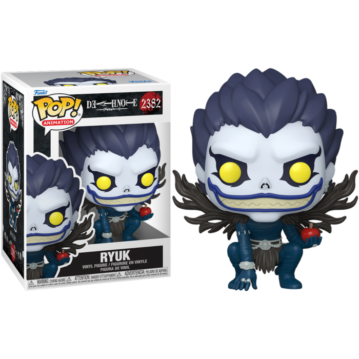 Eine Ryuk Funko Pop Figur aus Death Note neben ihrer Box, die einen Apfel hält.