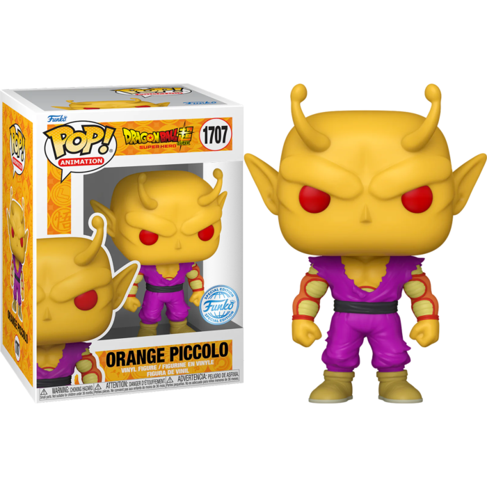 Figura de vinilo de Orange Piccolo con ojos rojos, gi morado y botas amarillas junto a su caja numerada.
