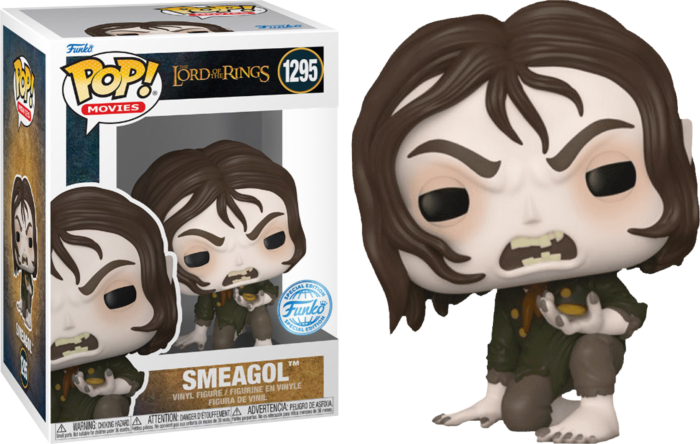 Figurka winylowa Smeagol Pop! w pudełku i obok niego, o groźnym wyrazie twarzy.