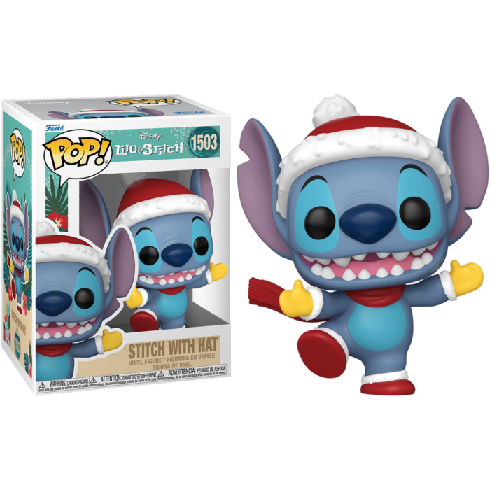 Figura de vinilo Funko Pop Stitch con gorro y bufanda de Papá Noel, junto a su caja.