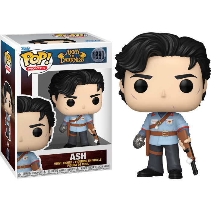 Figura Funko Pop de Ash de Army of Darkness con mano de metal y escopeta al lado de su caja.