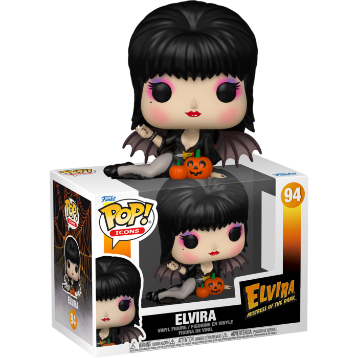 Figura Funko Pop de Elvira en vestido negro con murciélagos y calabazas, sobre su caja.