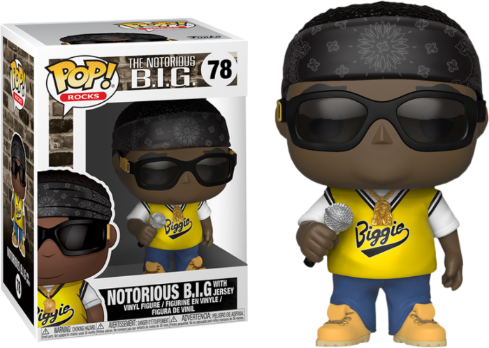 Funko Pop Figur von Notorious B.I.G. mit Mikrofon, Sonnenbrille, schwarzem Kopftuch und gelbem Trikot in Verpackung.