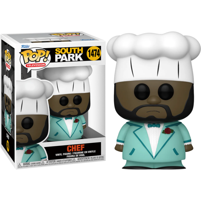 Figura de vinilo Pop de Chef de South Park con gorro blanco y traje azul claro junto a su caja original.