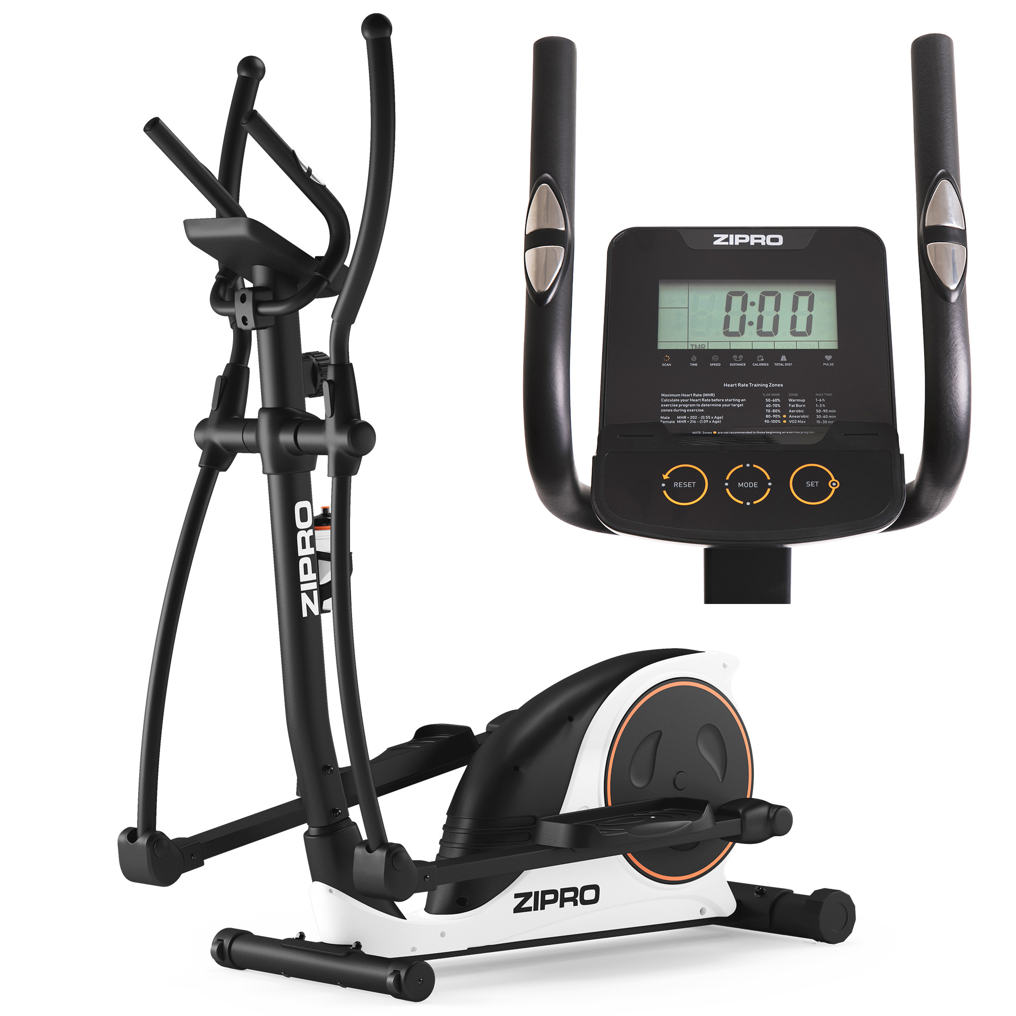 Ein schwarz-weißer Zipro Crosstrainer mit einer Detailansicht der Digitalen Konsole.