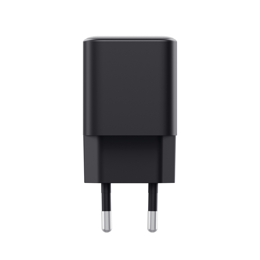 Un chargeur mural USB noir avec deux broches sur fond blanc.