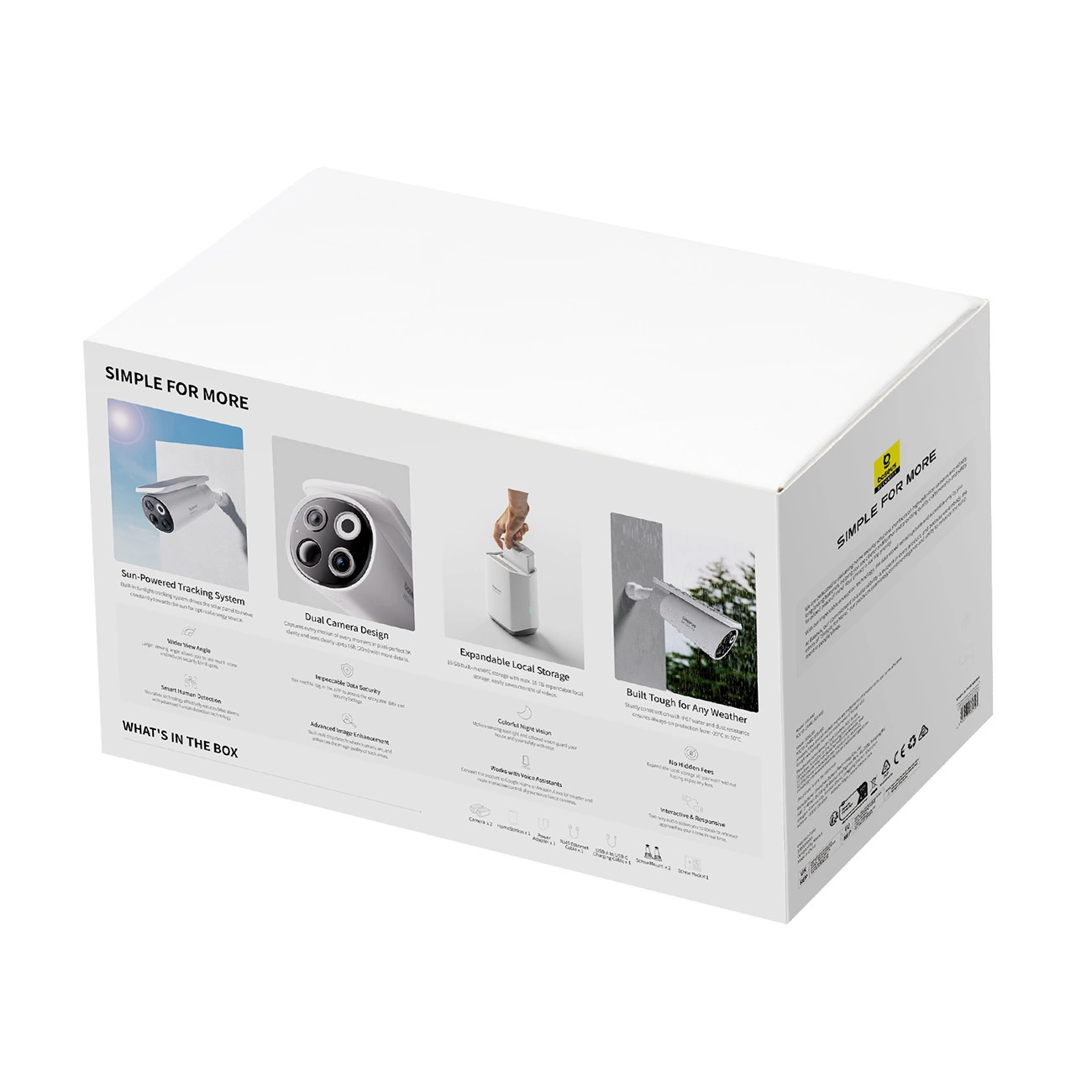 Eine weiße Produktverpackung zeigt Produktmerkmale und Grafiken einer Sicherheitskamera auf der Vorderseite.
