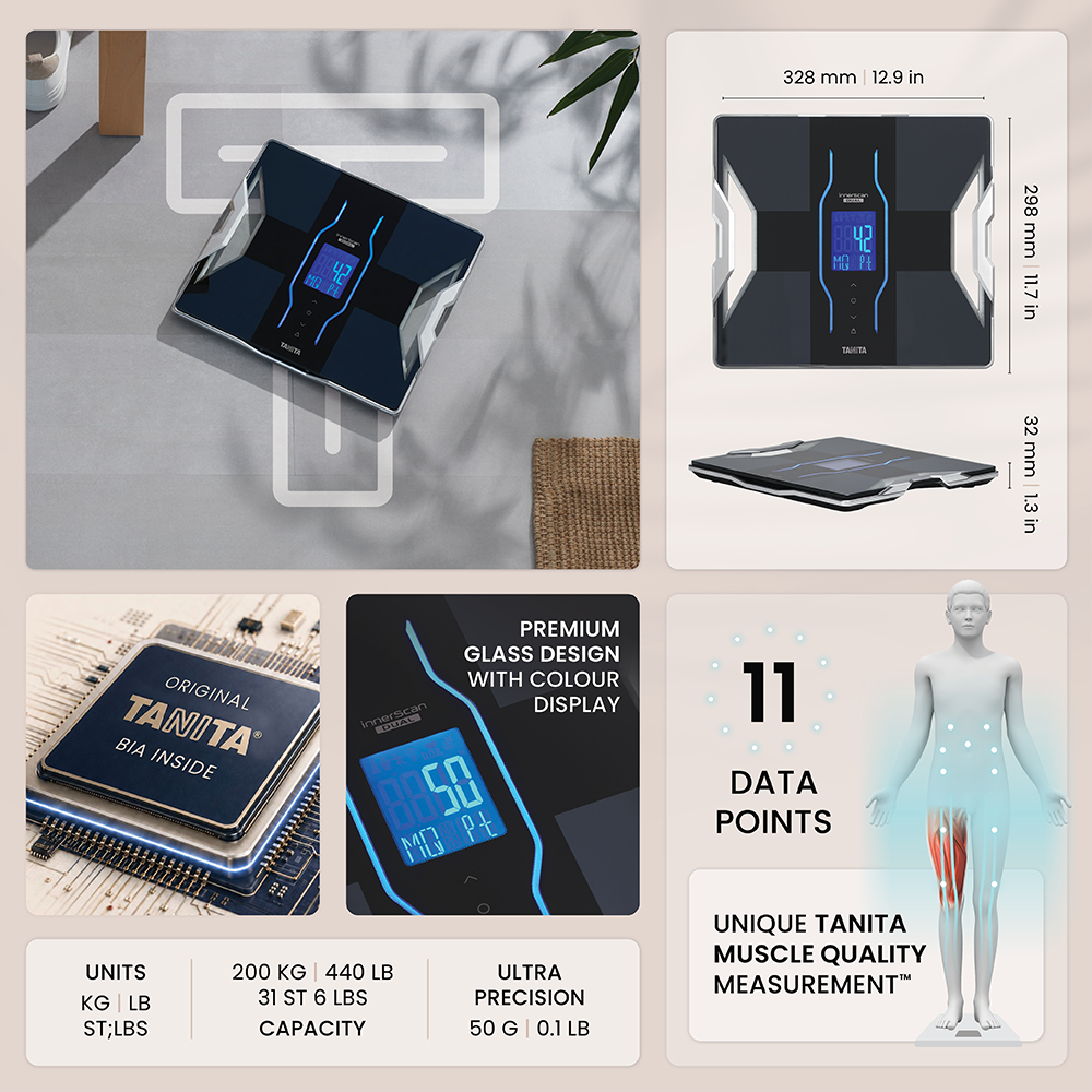 Tanita Körperanalysewaage mit Glasdesign, blauem Display, Präzisionssensoren und 11 Messwerten.