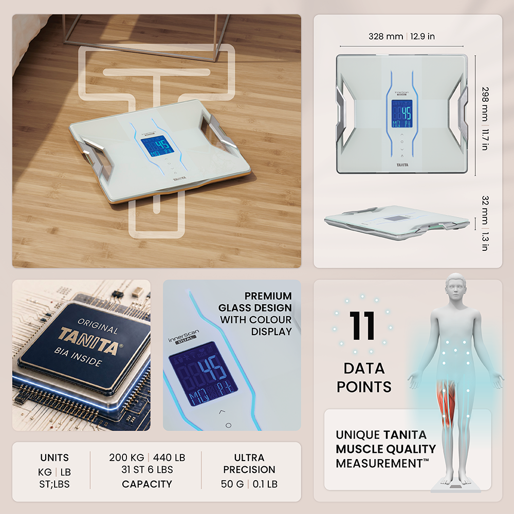 Tanita Körperanalysewaage mit Glasdesign, Farbdisplay, BIA-Chip und 11 Datenpunkten auf Holzfußboden.