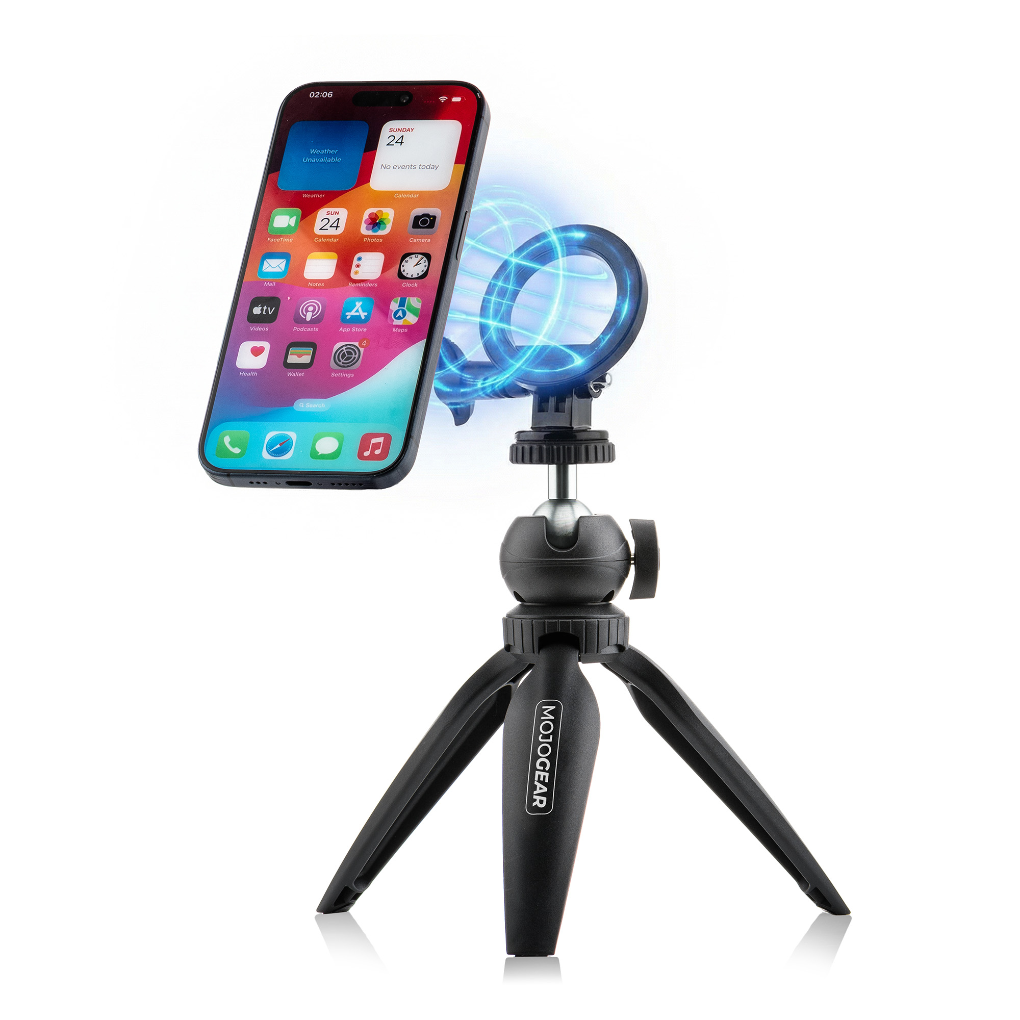 A smartphone is mounted on a small black Mojogear tripod with blue ring graphic effects.