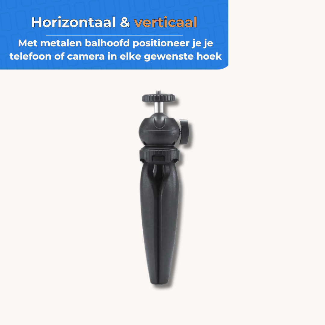 A black mini tripod with a metal ball head against a light background, topped with Dutch promotional text.