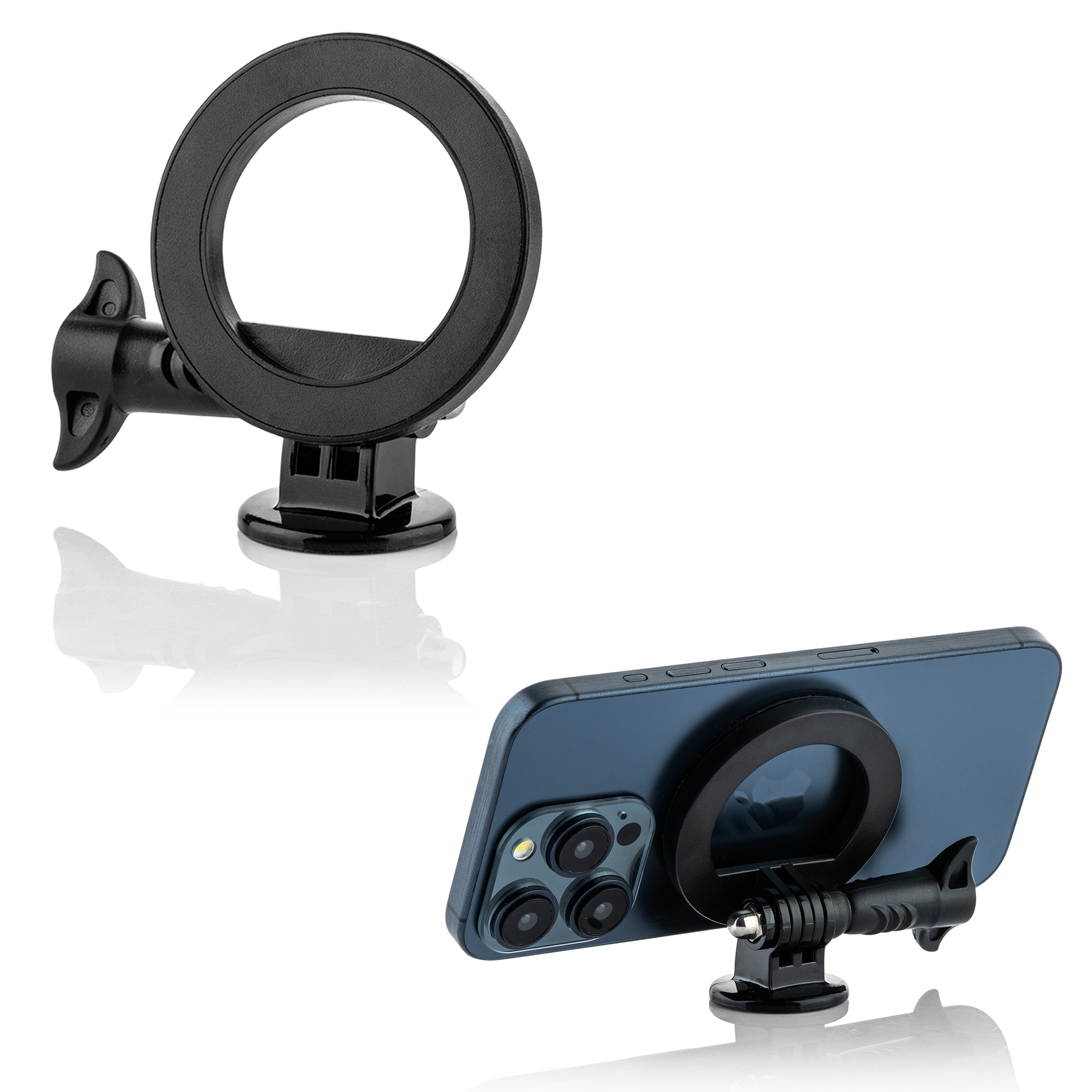 Black phone mount with ring and suction base, shown alone and attached to a smartphone.