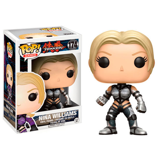 Une figurine Funko Pop de Nina Williams avec boîte, cheveux blonds et tenue de combat gris et noir.