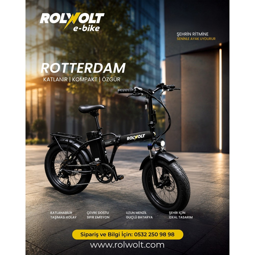 Siyah bir Rolwolt Rotterdam e-bike, modern binaların önündeki meydanda duruyor, metinle çevrili.