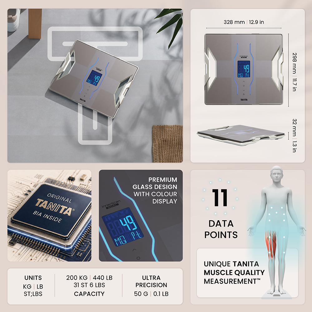 Produktübersicht der Tanita Körperanalysewaage mit Maßen, Display, Chip und Muskelqualitätsmessung.