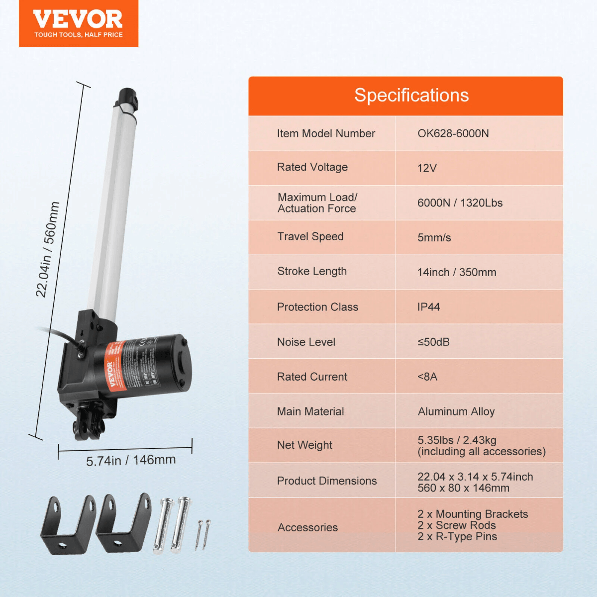 Actuador lineal mostrado con dimensiones, accesorios y tabla de especificaciones.