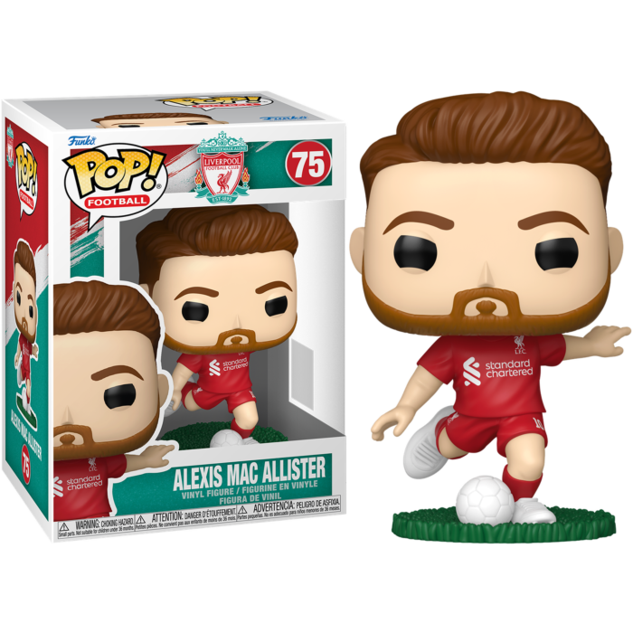 Funko Pop! Figur von Alexis Mac Allister in rotem Liverpool-Trikot mit Fußball vor der Originalverpackung.