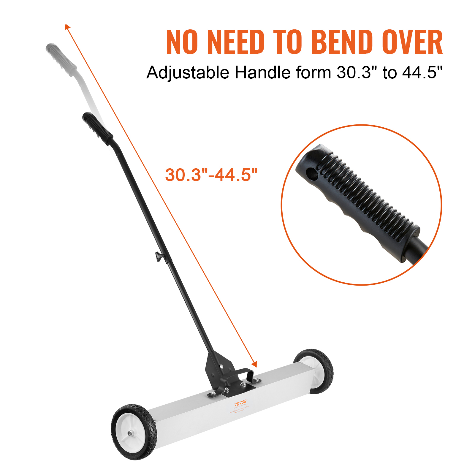 Mango ajustable de 30.3 a 44.5 pulgadas en una barredora magnética.