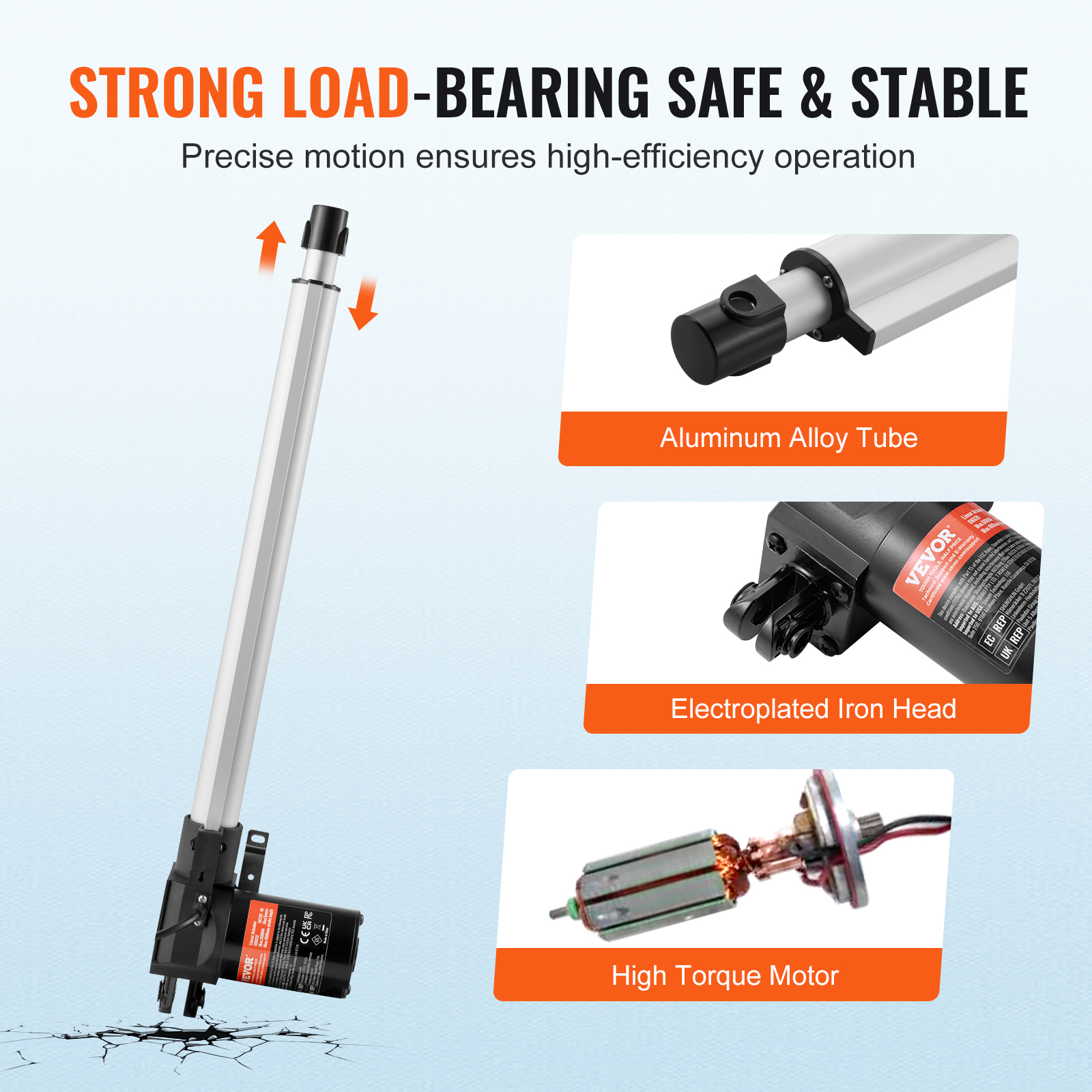 Actuador lineal con tubo de aleación de aluminio, cabeza de hierro y motor de alto torque.