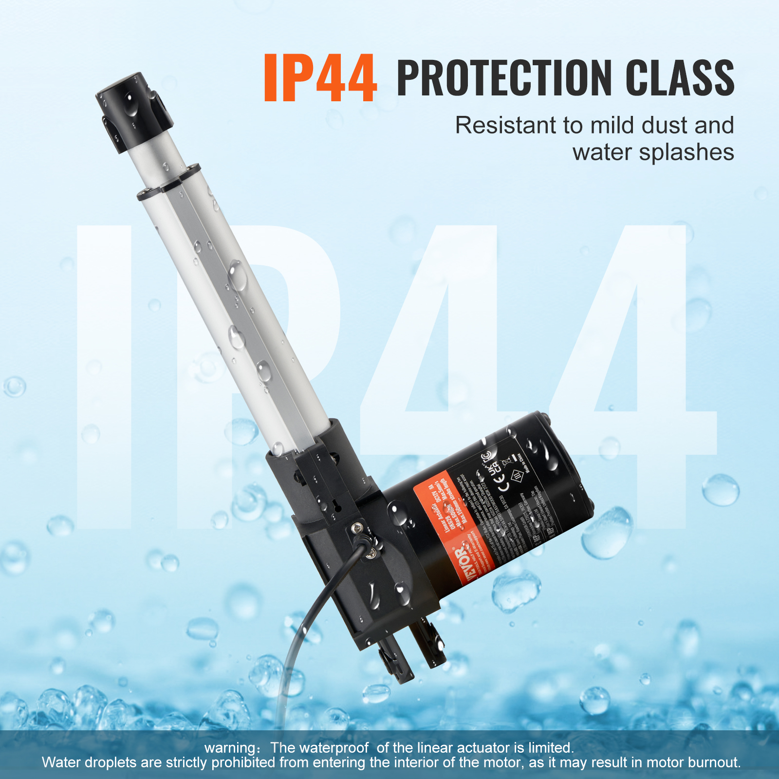 Un actuador lineal con clase de protección IP44 en un entorno azul con gotas de agua y texto.