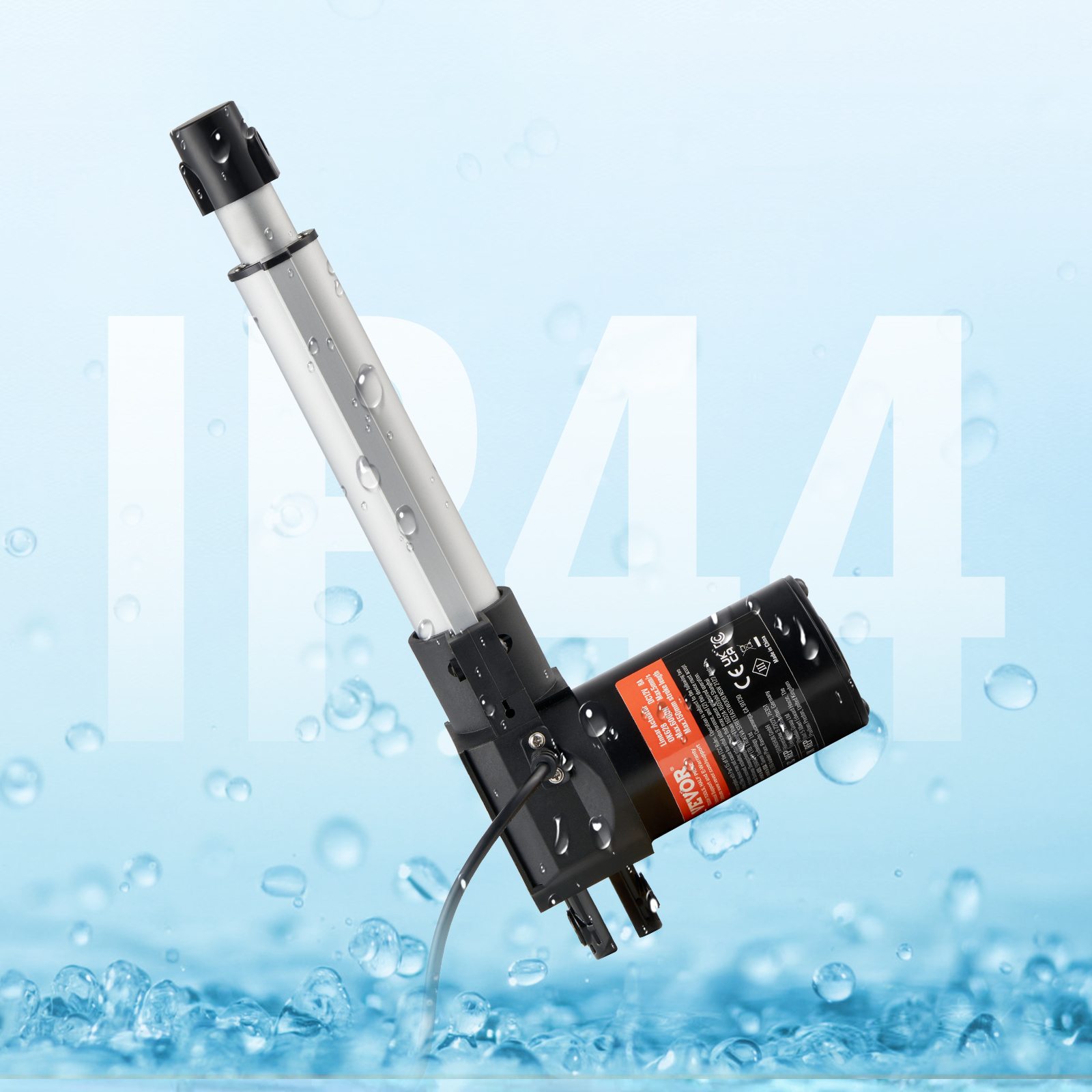 Un actuador lineal con gotas de agua en un fondo azul con el texto IP44.