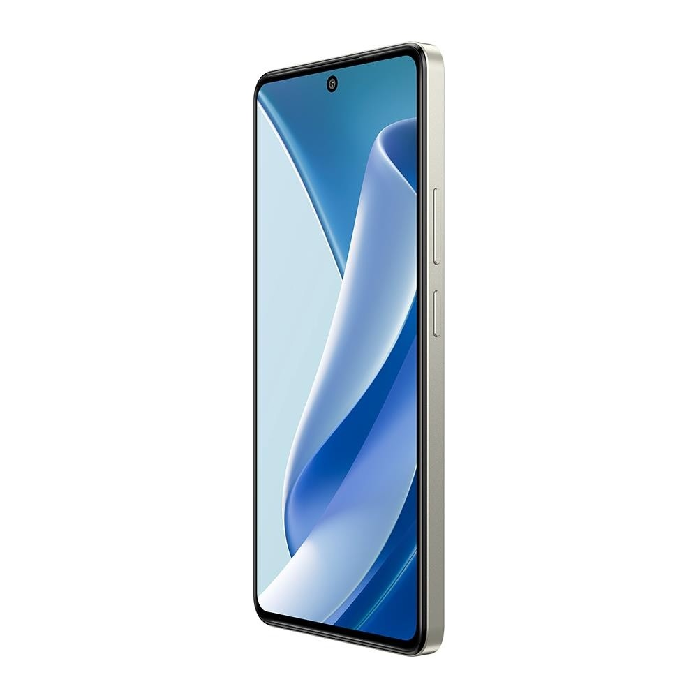Açılı duran gümüş renkli bir akıllı telefon, mavi duvar kağıdı ve yan tuşları gösteriyor.